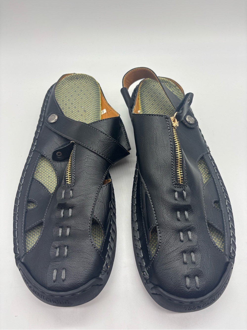 Men's Black Leather Slip-On Sandals Zip Closure Zipper Accent, 12
